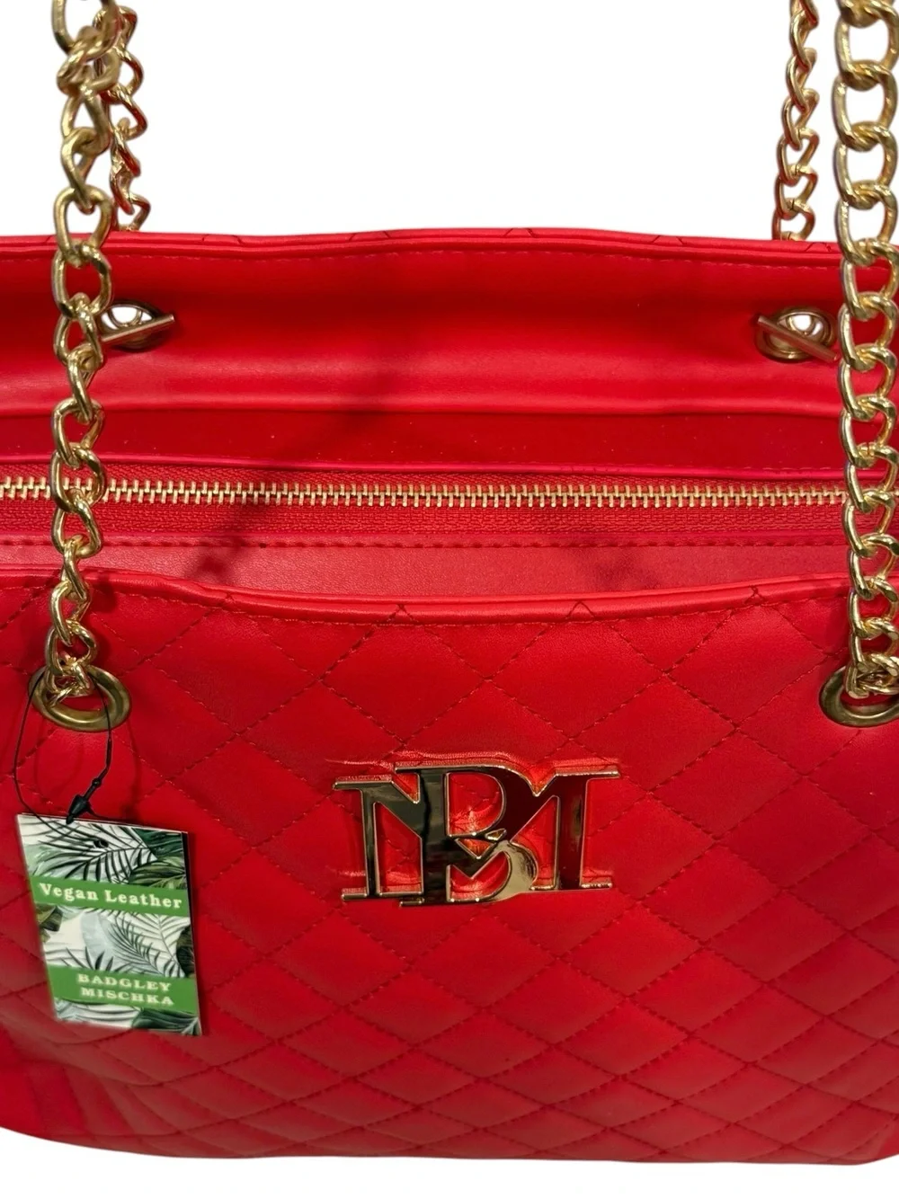 Badgley Mischka Large Red Quilted Tote w/Gold-tone Chain Handles